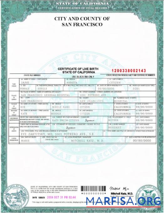 Realistic USA California state birth certificate template in PSD format